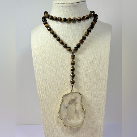 Vintage Hand-knotted Faceted Tiger’s Eye Gemstone Beaded Necklace Druzy Pendant - Picture 1 of 6